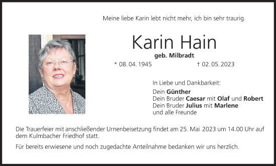 Anzeige von Karin Hain von MGO