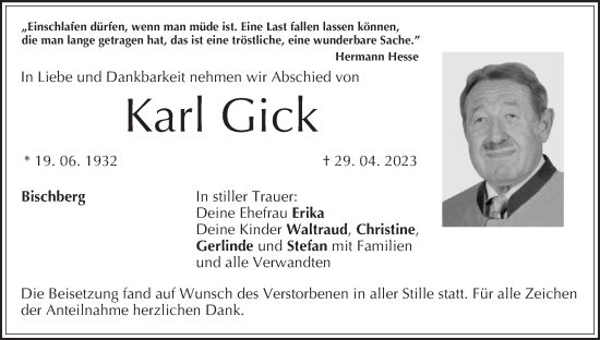 Anzeige von Karl Gick von MGO