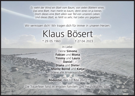 Anzeige von Klaus Bösert von MGO