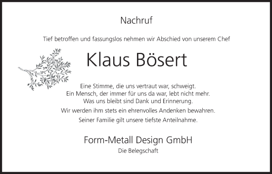 Anzeige von Klaus Bösert von MGO