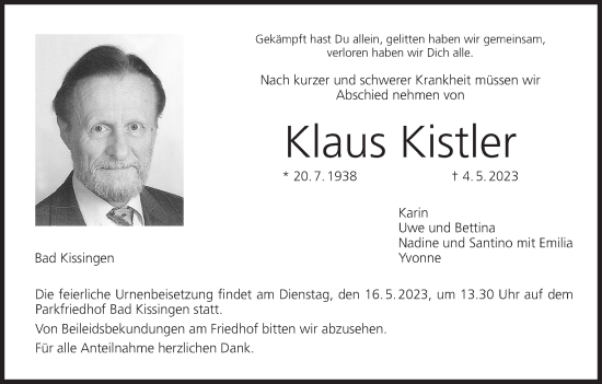 Anzeige von Klaus Kistler von MGO