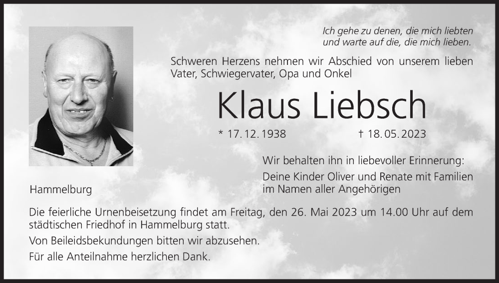  Traueranzeige für Klaus Liebsch vom 23.05.2023 aus MGO