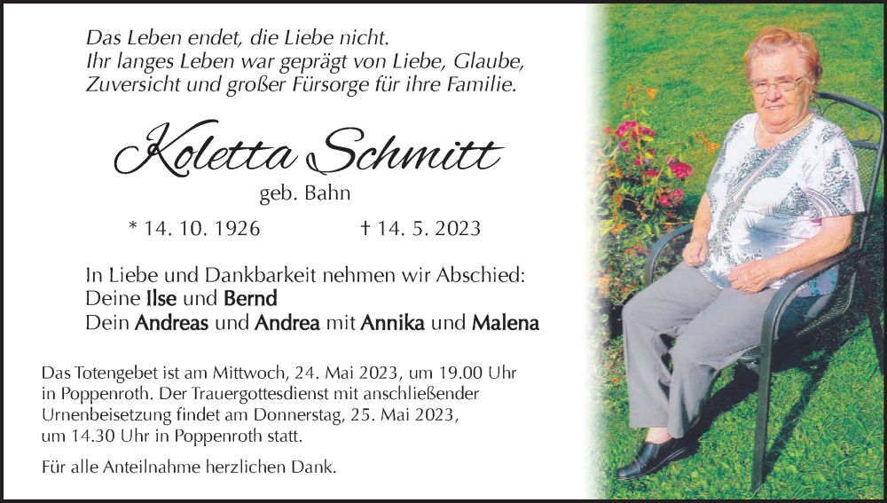  Traueranzeige für Koletta Schmitt vom 20.05.2023 aus MGO
