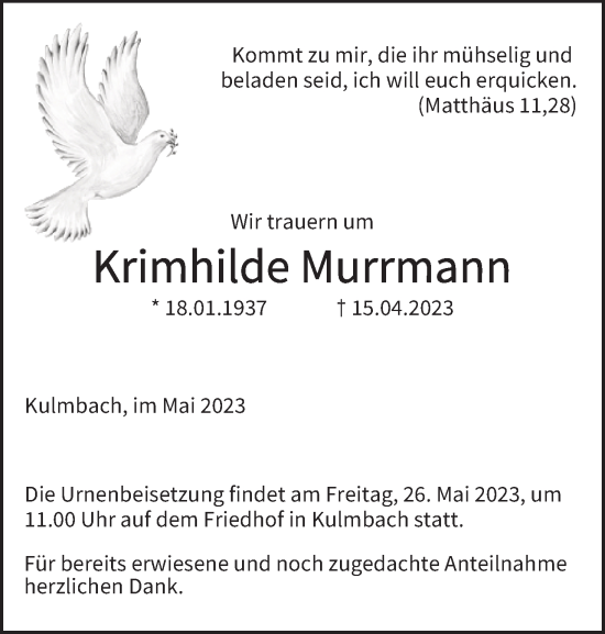 Anzeige von Krimhilde Murrmann von MGO