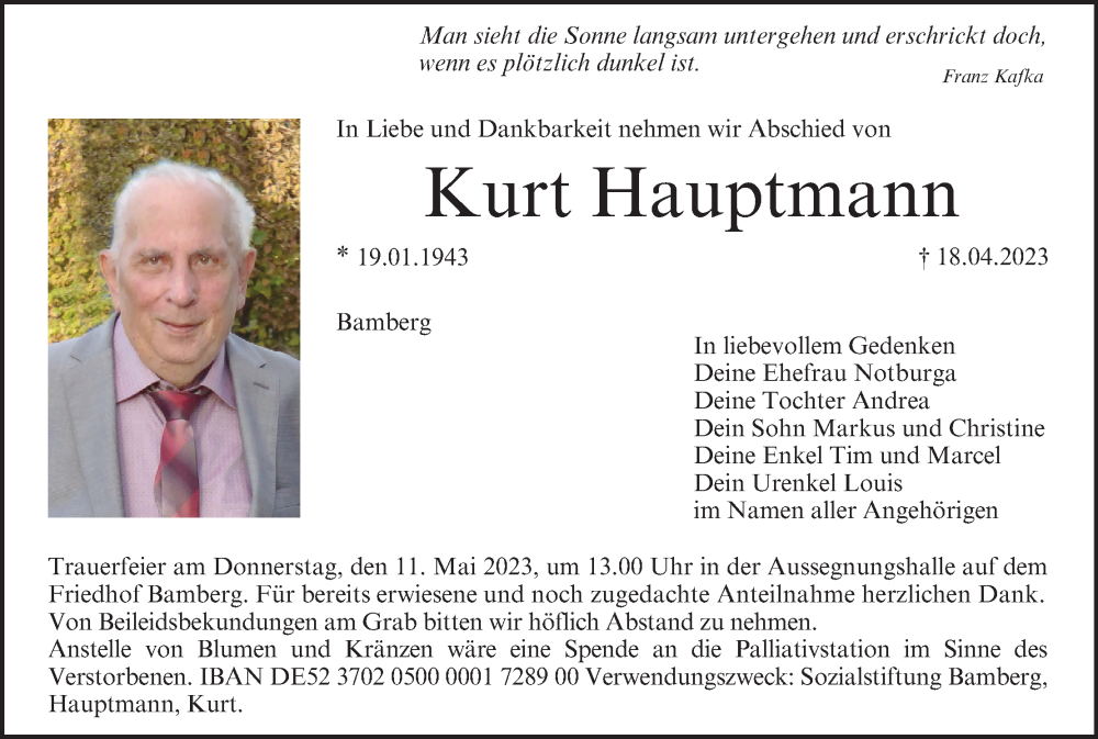  Traueranzeige für Kurt Hauptmann vom 06.05.2023 aus MGO