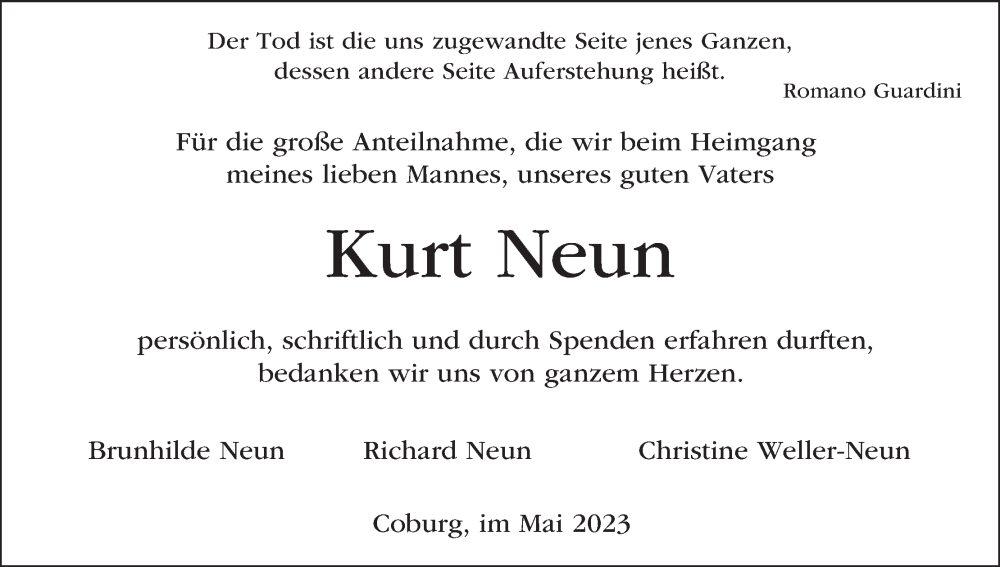  Traueranzeige für Kurt Neun vom 13.05.2023 aus MGO