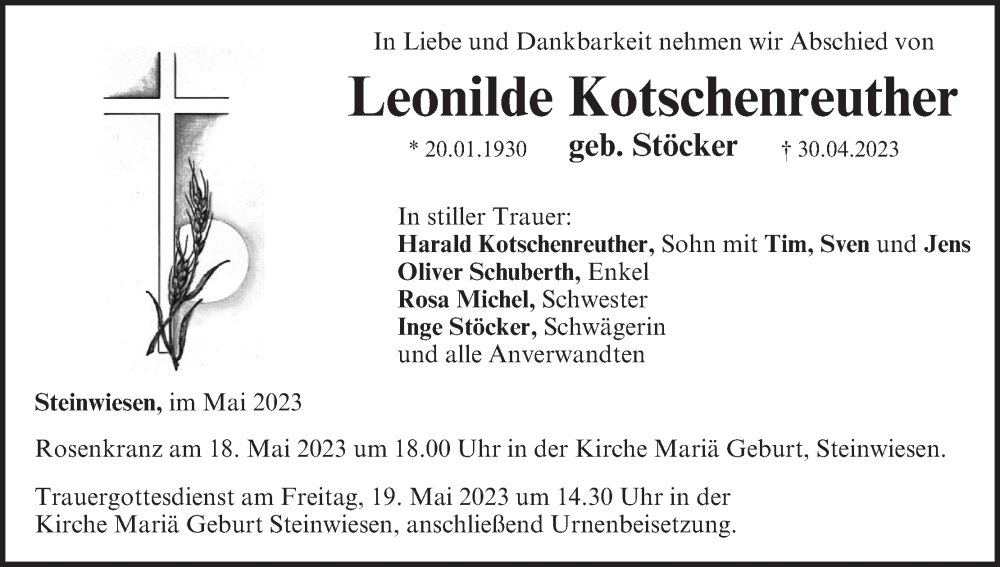  Traueranzeige für Leonilde Kotschenreuther vom 04.05.2023 aus MGO