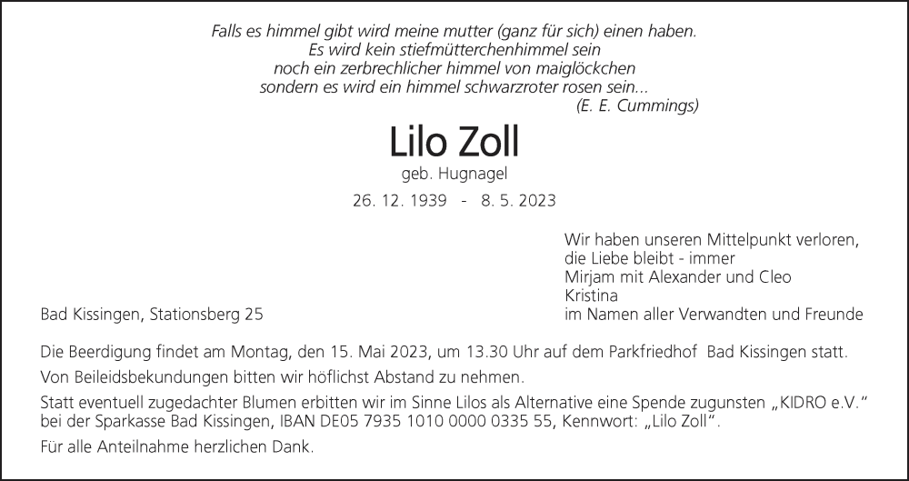  Traueranzeige für Lilo Zoll vom 13.05.2023 aus MGO
