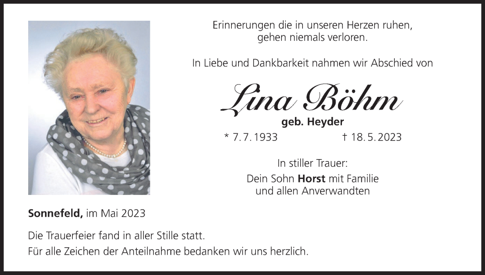  Traueranzeige für Lina Böhm vom 27.05.2023 aus MGO