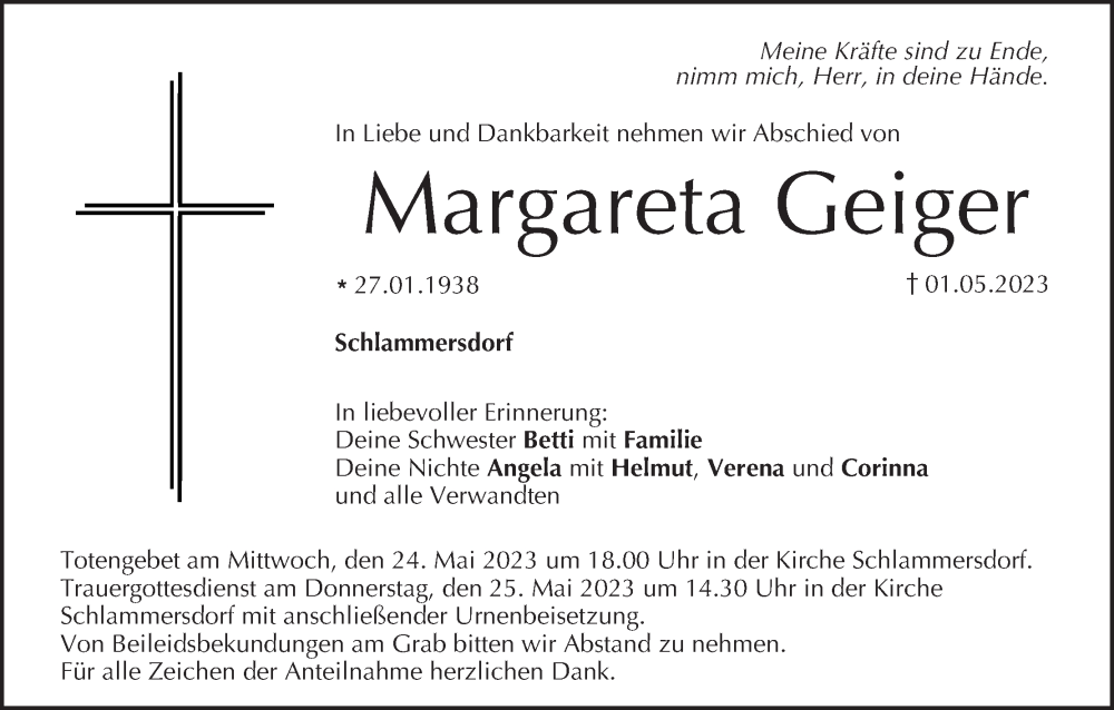  Traueranzeige für Margareta Geiger vom 20.05.2023 aus MGO