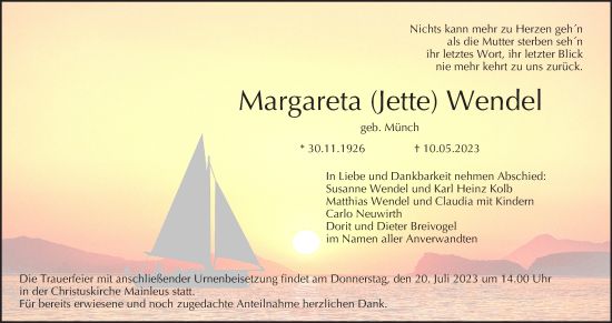 Anzeige von Margareta Wendel von MGO