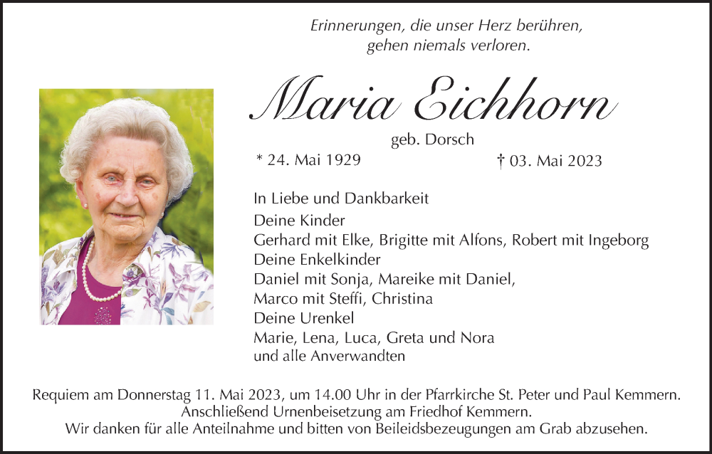  Traueranzeige für Maria Eichhorn vom 06.05.2023 aus MGO