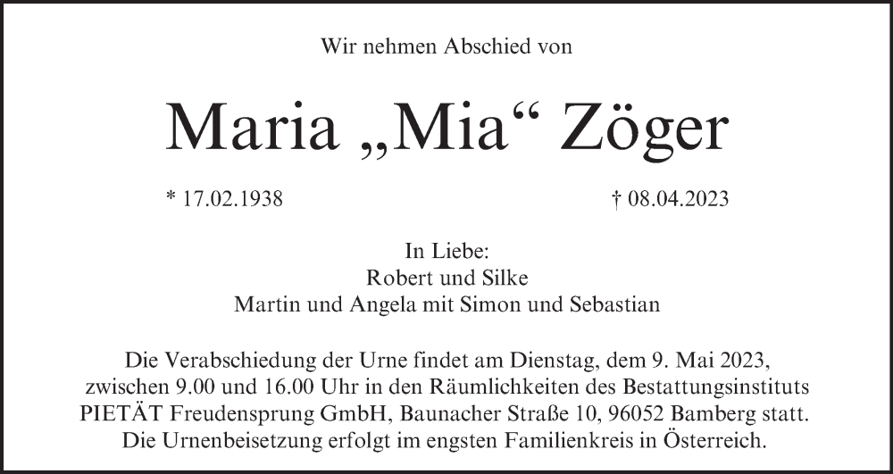  Traueranzeige für Maria Zöger vom 06.05.2023 aus MGO