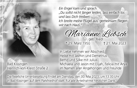 Anzeige von Marianne Liebsch von MGO