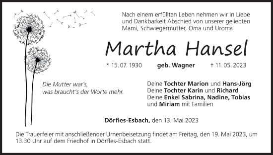 Anzeige von Martha Hansel von MGO
