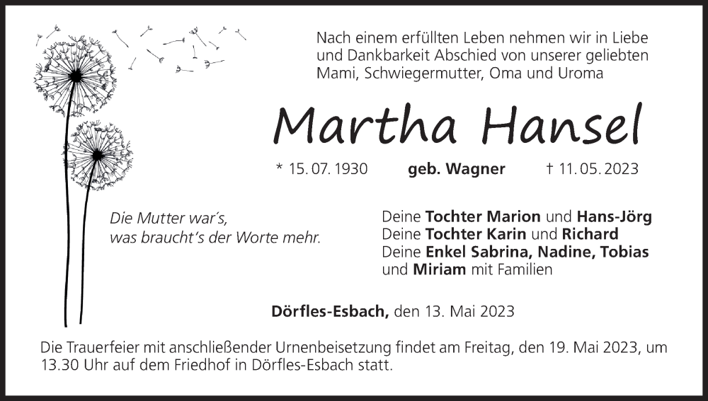  Traueranzeige für Martha Hansel vom 13.05.2023 aus MGO
