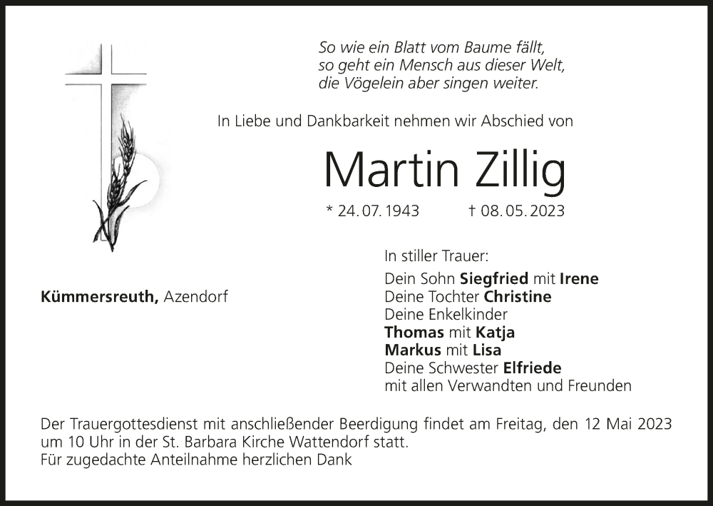  Traueranzeige für Martin Zillig vom 10.05.2023 aus MGO