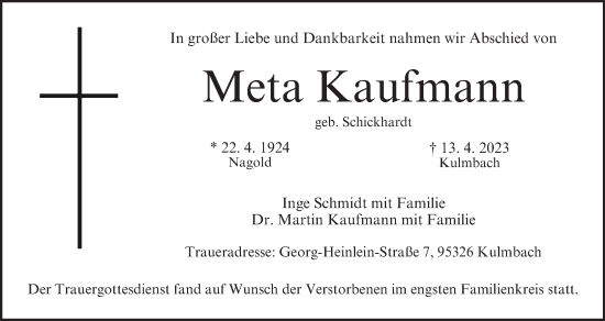 Anzeige von Meta Kaufmann von MGO