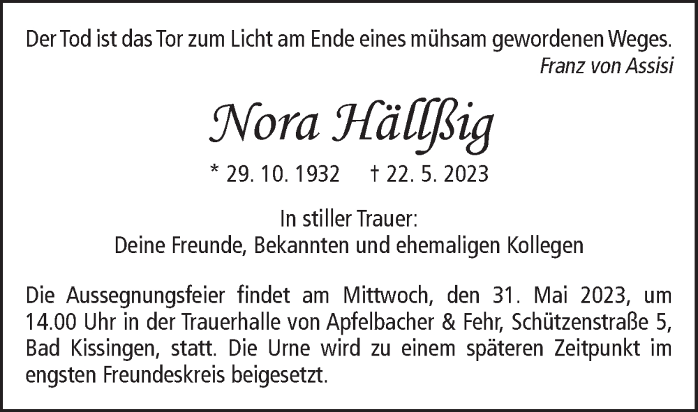  Traueranzeige für Nora Hällßig vom 27.05.2023 aus MGO