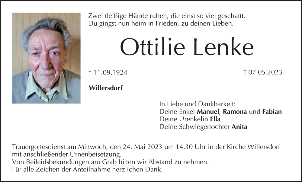  Traueranzeige für Ottilie Lenke vom 20.05.2023 aus MGO