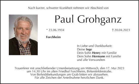 Anzeige von Paul Grohganz von MGO