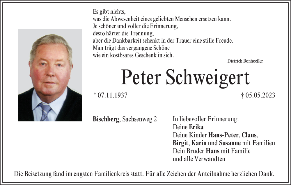  Traueranzeige für Peter Schweigert vom 13.05.2023 aus MGO