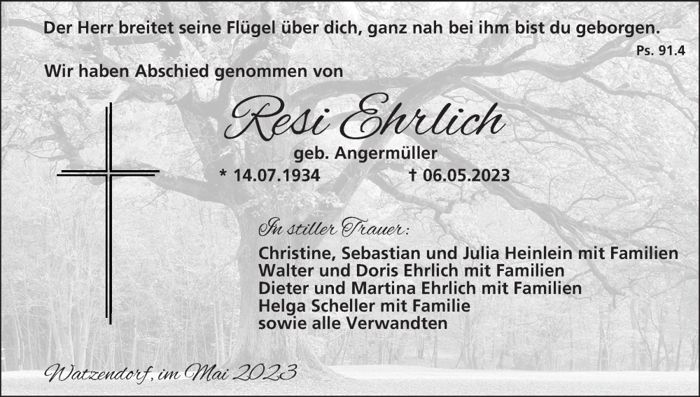  Traueranzeige für Resi Ehrlich vom 17.05.2023 aus MGO