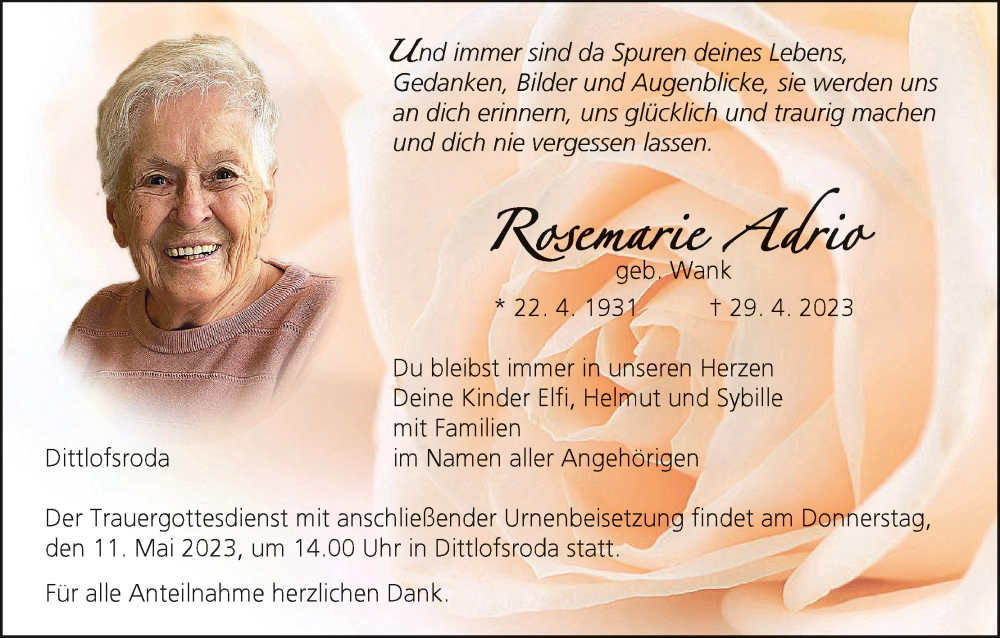  Traueranzeige für Rosemarie Adrio vom 06.05.2023 aus MGO