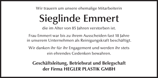 Anzeige von Sieglinde Emmert von MGO