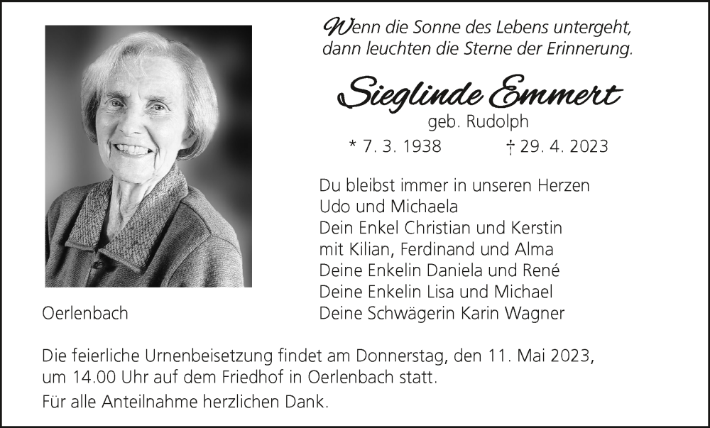  Traueranzeige für Sieglinde Emmert vom 06.05.2023 aus MGO