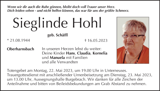 Anzeige von Sieglinde Hohl von MGO