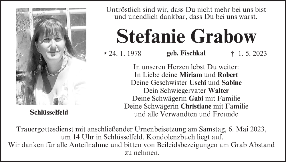  Traueranzeige für Stefanie Grabow vom 04.05.2023 aus MGO