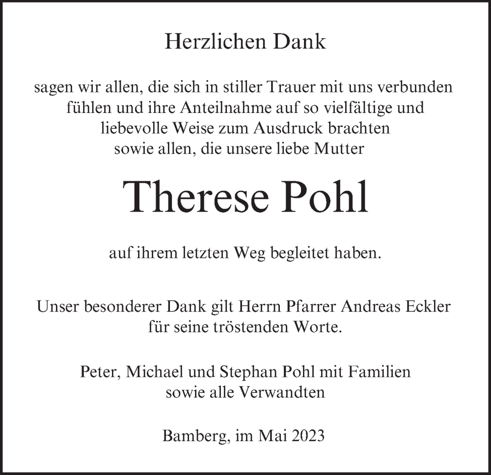  Traueranzeige für Therese Pohl vom 27.05.2023 aus MGO