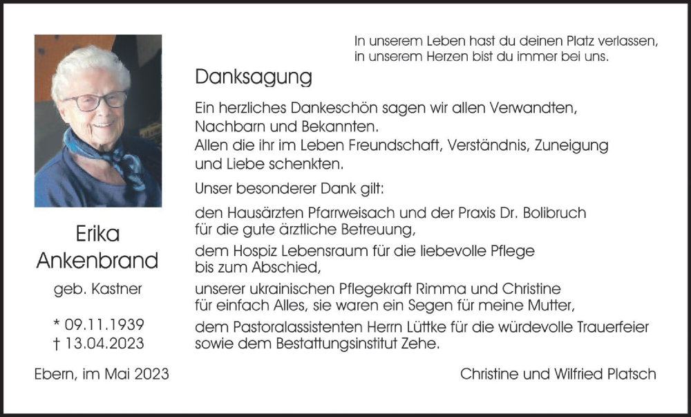  Traueranzeige für UErika Ankenbrand vom 06.05.2023 aus MGO