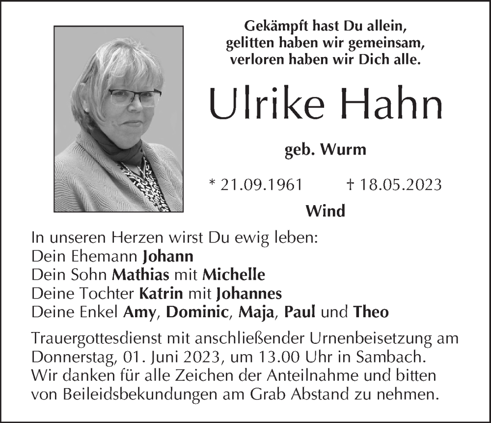  Traueranzeige für Ulrike Hahn vom 27.05.2023 aus MGO