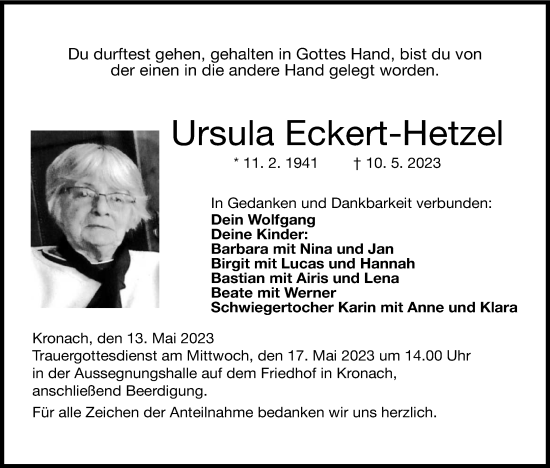 Anzeige von Ursula Eckert-Hetzel von MGO