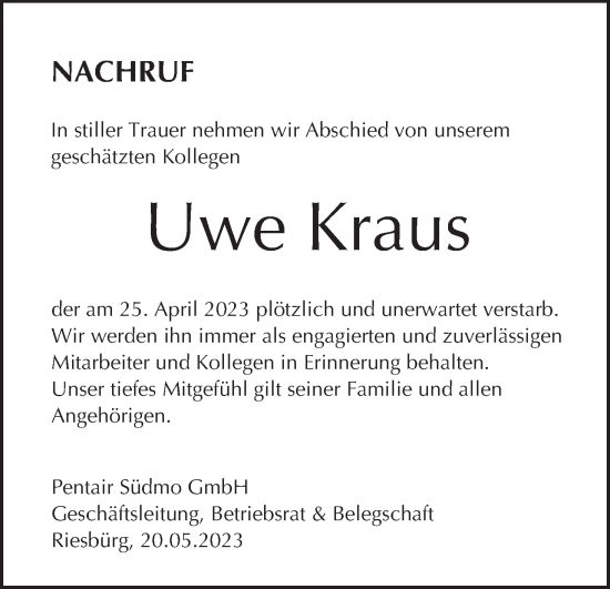Anzeige von Uwe Kraus von MGO