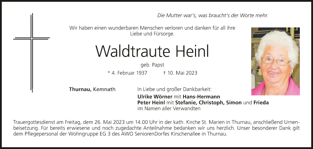  Traueranzeige für Waldtraute Heinl vom 23.05.2023 aus MGO