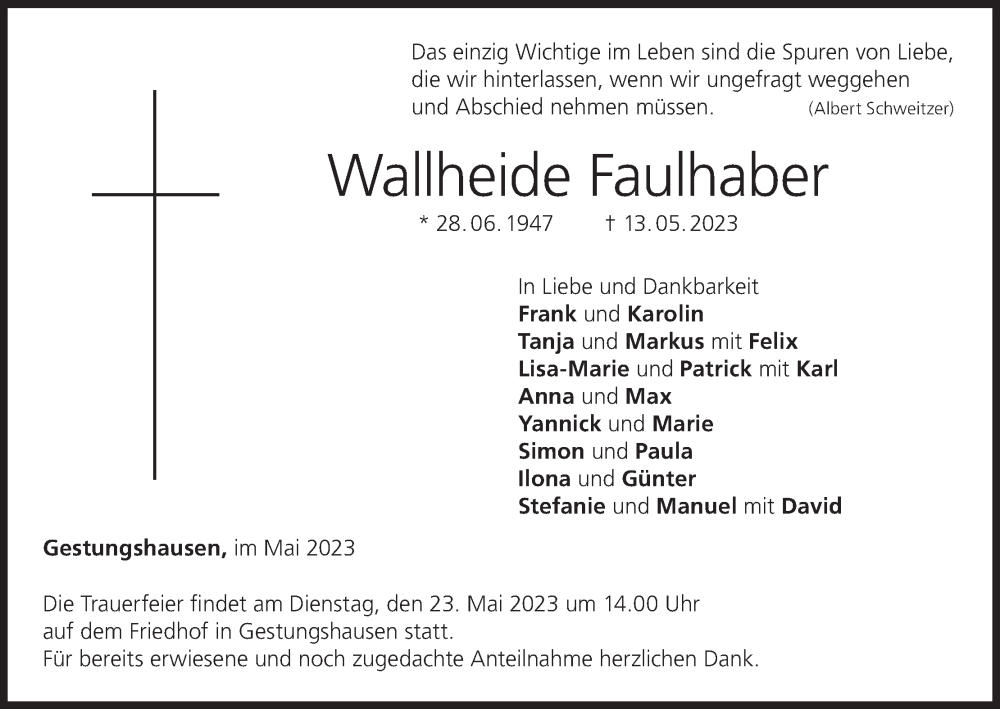  Traueranzeige für Wallheide Faulhaber vom 17.05.2023 aus MGO