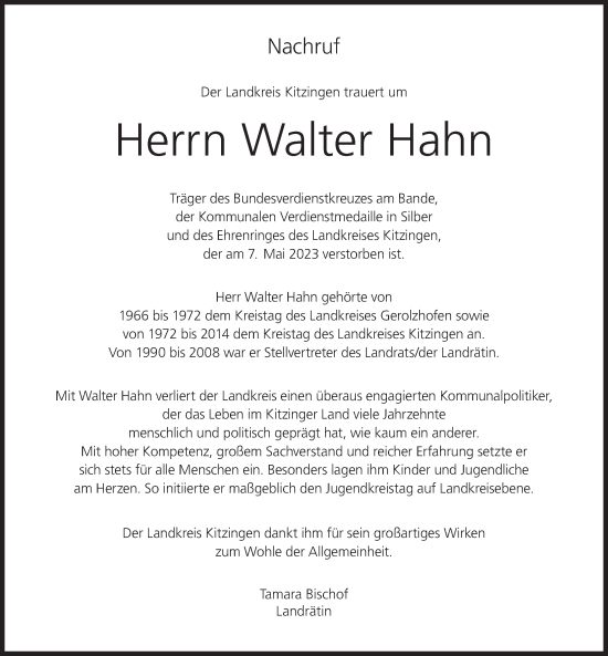Anzeige von Walter Hahn von MGO
