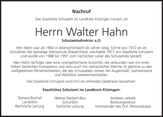 Anzeige von Walter Hahn von MGO