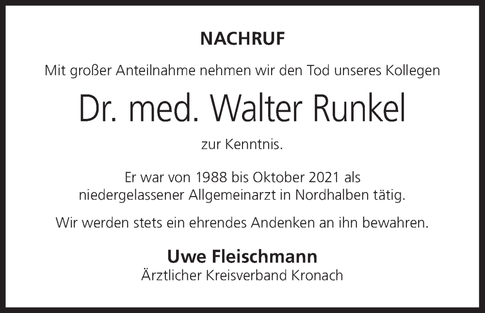  Traueranzeige für Walter Runkel vom 24.05.2023 aus MGO