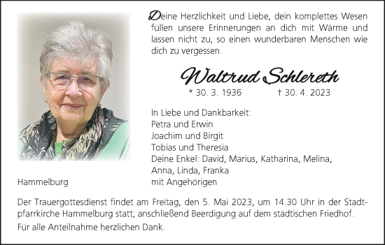 Anzeige von Waltrud Schlereth von MGO