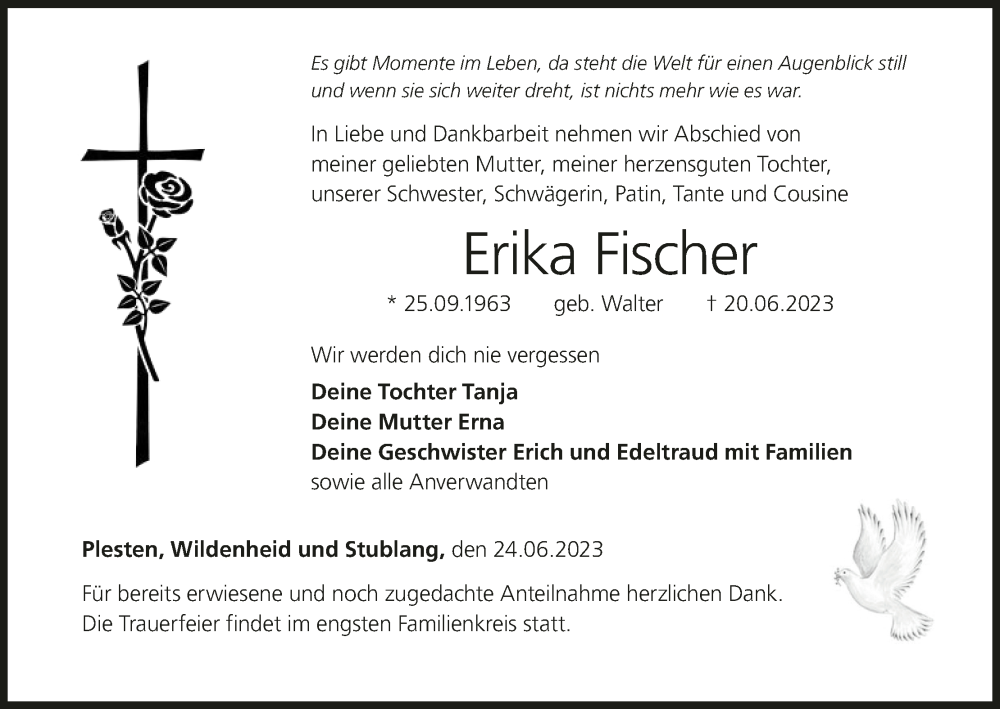  Traueranzeige für Erika Fischer vom 27.06.2023 aus MGO