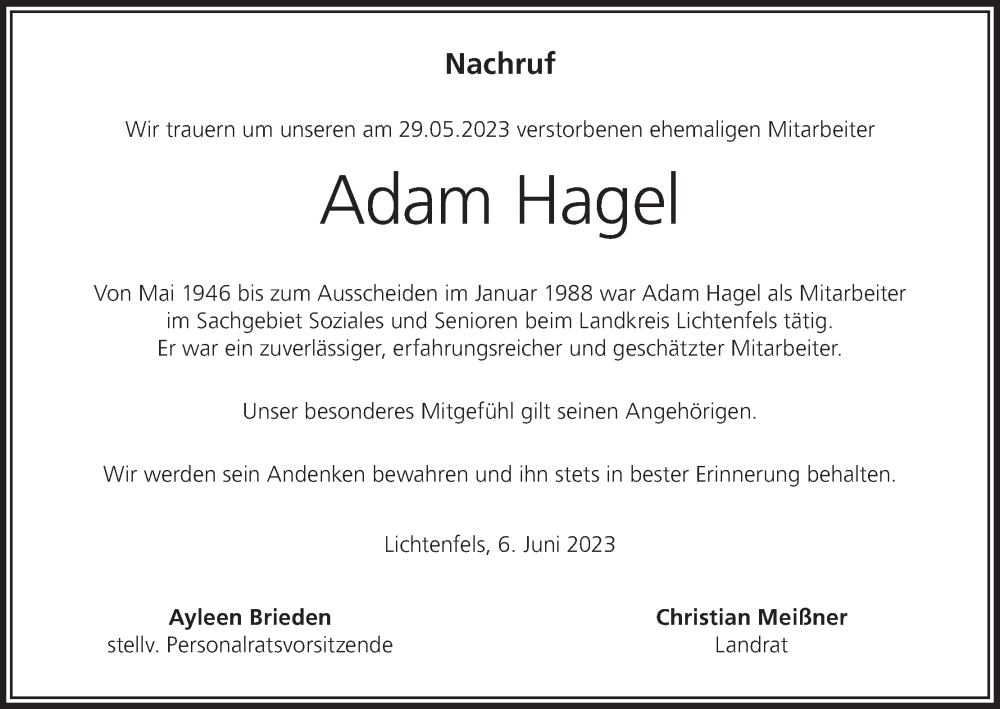  Traueranzeige für Adam Hagel vom 15.06.2023 aus MGO