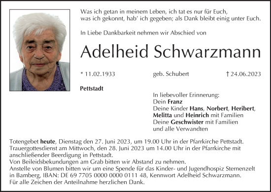 Anzeige von Adelheid Schwarzmann von MGO