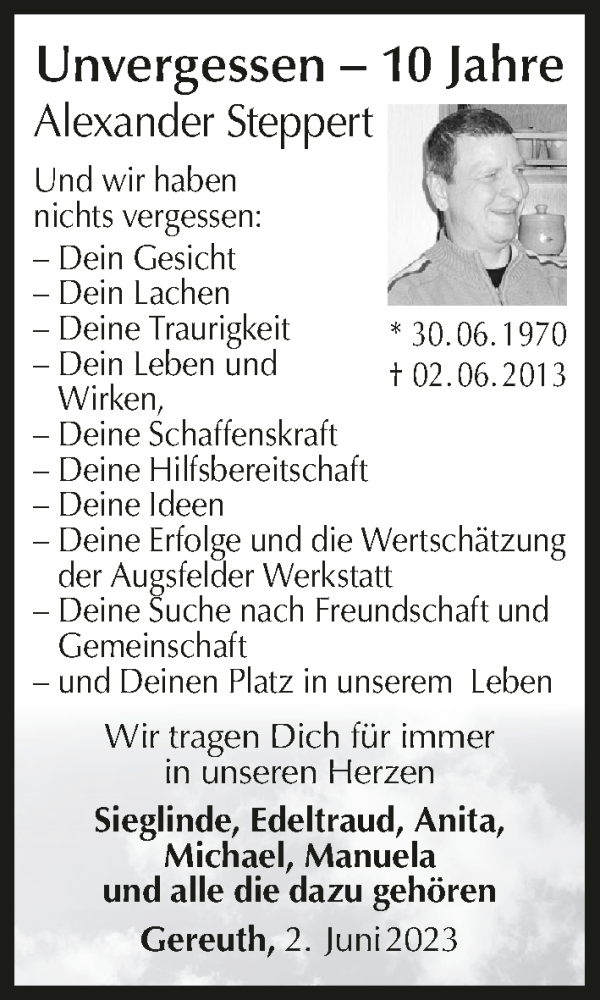  Traueranzeige für Alexander Steppert vom 02.06.2023 aus MGO