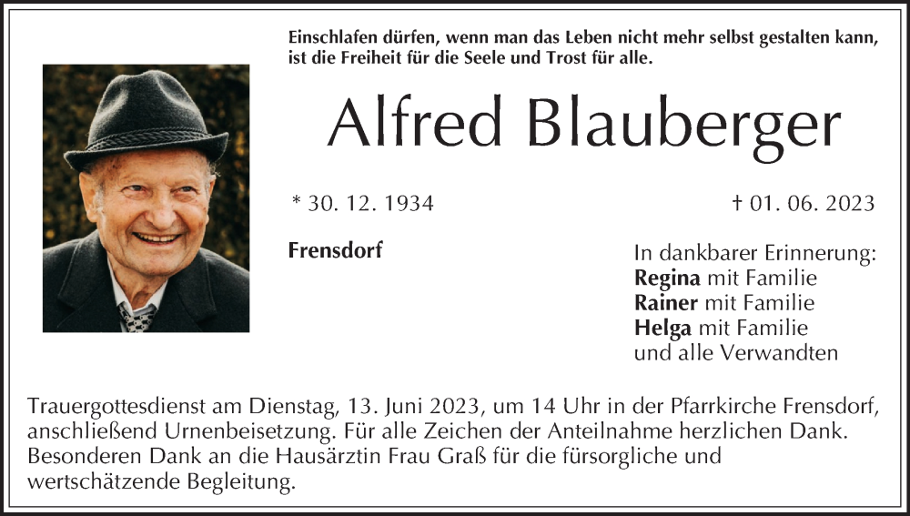  Traueranzeige für Alfred Blauberger vom 10.06.2023 aus MGO