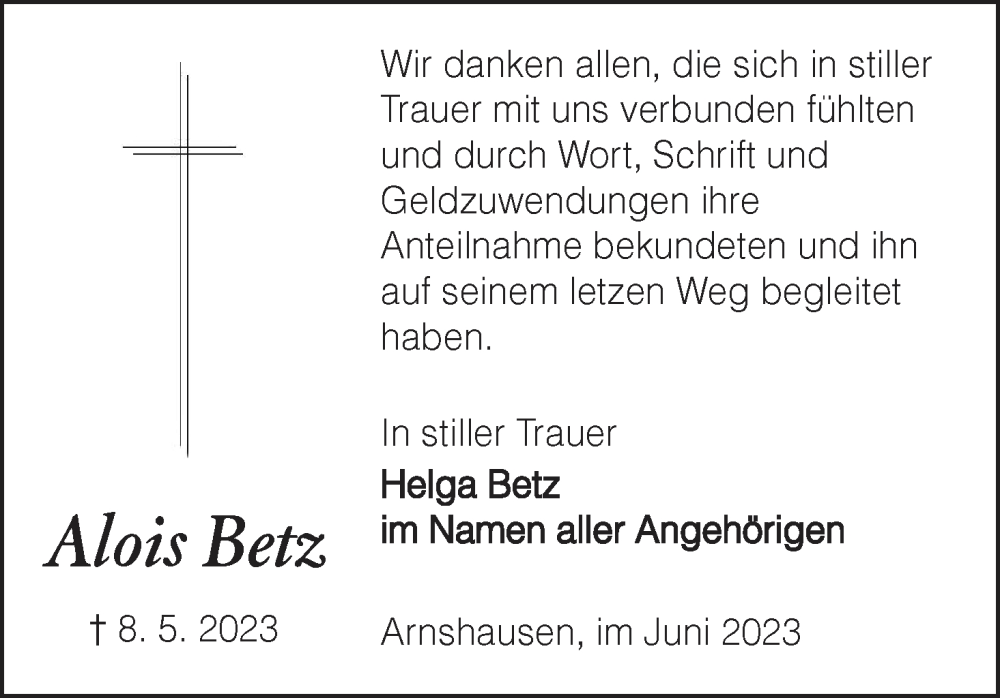  Traueranzeige für Alois Betz vom 24.06.2023 aus MGO