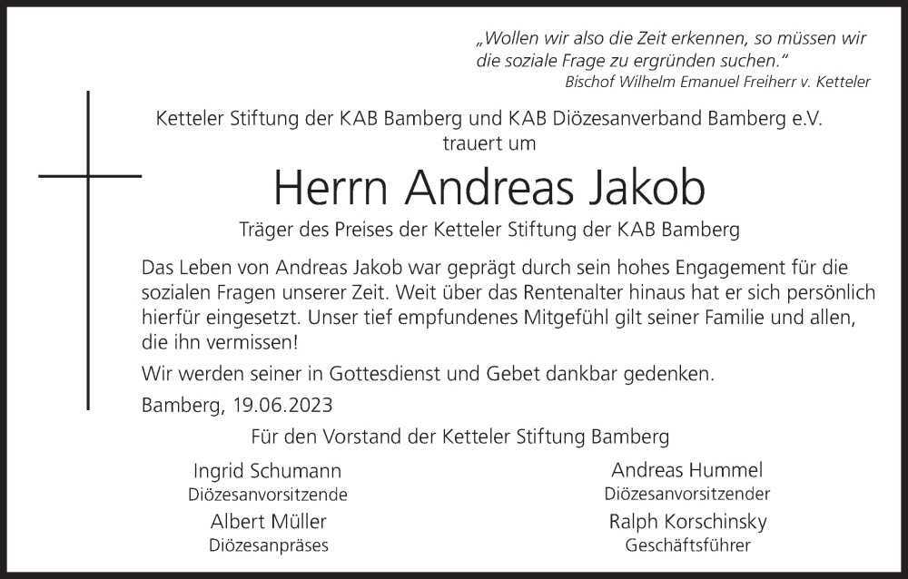  Traueranzeige für Andreas Jakob vom 24.06.2023 aus MGO